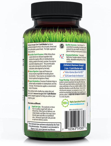 Irwin Naturals Maximum Strength 3-in-1 Carb Blocker - 84 Liquid Soft-Gels Pack of 2 - Neutralize Carbohydrates - 84 Total Servings