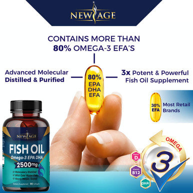 Omega 3 Fish Oil 2500mg Supplement by New Age ÃƒÂ¢Ã¢â€šÂ¬Ã¢â‚¬Å“ Immune & Heart Support ÃƒÂ¢Ã¢â€šÂ¬Ã¢â‚¬Å“ Promotes Joint, Eye, Brain & Skin Health - Non GMO 90 Softgels - EPA, DHA Fatty Acids Gluten Free