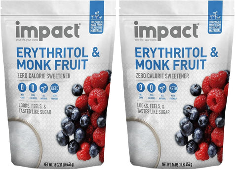 Impact White Monk Fruit & Erythritol Sweetener Blend - Gluten Free, Zero Calories, Net Carbs, Keto, Vegan, Non-GMO - 1 is to 1 Sugar Substitute - 1lb (Pack of 2)