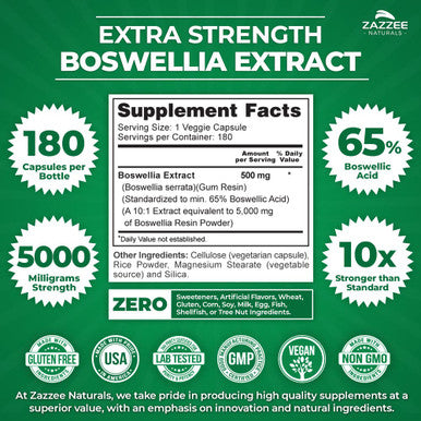 Zazzee Extra Strength Boswellia 10:1 Extract, 5000 Mg Strength, 65% Boswellic Acid, 180 Vegan Capsules, 6 Month Supply, Concentra