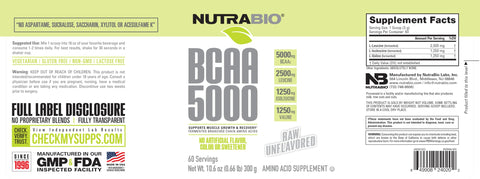 Nutrabio Bcaa 5000 Powder - Fermented Branched Chain Amino Acids For Muscle Growth & Recovery - Natural Flavors Sweeteners And Coloring Vegan Gluten Free - Unflavored 60 Servings