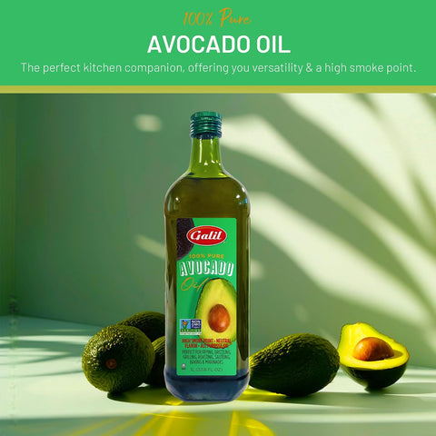 Galil 100% Pure Avocado Oil - High Smoke Point 500Ã‚Â°F Non-GMO, Vegan, Halal Certified - Perfect for Cooking, Baking, SautÃƒÂ©ing, Dressings & Marinades, Rich in Healthy Fats - 1 Liter Glass Bottle