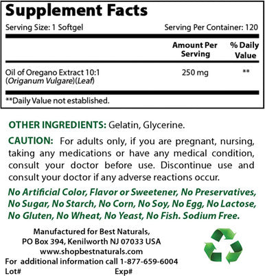 Best Naturals Oregano Oil 250 Mg & Quercetin with Bromelain