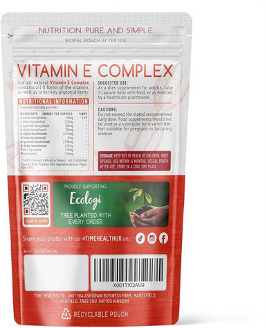 Vitamin E Complex - All 8 E Tocopherols & Tocotrienols - 60 Pullulan Capsules - Plant-Based & Whole Food - Orangutan Friendly - Vegan - No Fillers, Binders Or Flow Agents (60 Capsule Pouch)