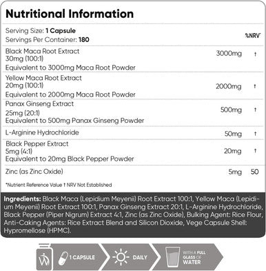 Weightworld Black Maca Root Capsules 5550mg (High Strength) 180 Vegan Black Maca & Yellow Maca Capsules (6 Months Supply) - with L-Arginine Panax Ginseng Pepper - Zinc for Testosterone Levels & Metabolism