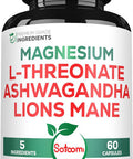 Satoomi 5In1 Magnesium L-Threonate With Mangesium Glycinate Ashwagandha Chelate & Lions Mane - Supports Brain Health & Mood - 60 Capsules