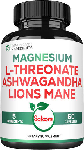 Satoomi 5In1 Magnesium L-Threonate With Mangesium Glycinate Ashwagandha Chelate & Lions Mane - Supports Brain Health & Mood - 60 Capsules