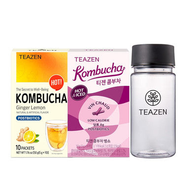 Teazen Kombucha Ginger Lemon Mulled Wine Flavor 2 Pack with Classic Eco Bottle (Kombucha Powder 20 Sticks Eco Bottle 1EA x 11.8oz)