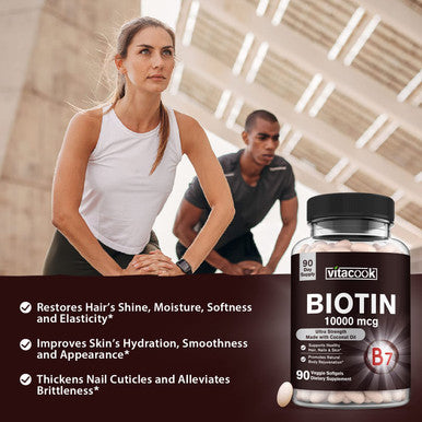 Vitacook Biotin, Hair, Skin & Nails, 10000 Mcg, High Potency, With Coconut Oil, No Gelatin, Vegetarian-Friendly, Once Daily, Non-Gmo, 90 Softgels
