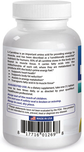 Best Naturals L-Carnitine Fumarate 1000mg per Tablet - 120 Count - Boosts Cellular Energy