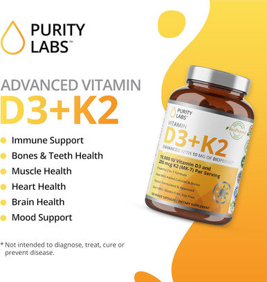 Purity Labs Vitamin D3 K2 10000 Iu, (250Mcg) D3 + 200Mcg K2 Mk7 - Immune Support Supplement Enhanced With Bioperine - Supplements For Daily Defense, Bone, Muscle & Skin Health - 120 Capsules