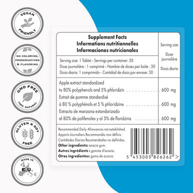 Supersmart Apple Polyphenols 600 mg Per Day Apple Extract Standardized to 80 Polyphenols 5 Phloridzin Natural Supplement for Longevity Anti Aging NonGMO Gluten Free 30 Tablets