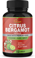 Organic Cadane Citrus Bergamot Supplement Extract Capsules 10300Mg 150 Caps 5 Months Supply & Berberine Olive Guggul Garlic Pine Bark Black Pepper | Support Overall Health Immune System