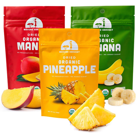 Mavuno Harvest Organic Dried Fruit Variety Pack | Dried Mango, Papaya, Pineapple, Banana, Jackfruit, & Tropical Mix | Healthy, Vegan, No Sugar Added, Non GMO Snacks for Kids & Adults | 2 Ounce, 6 Pack