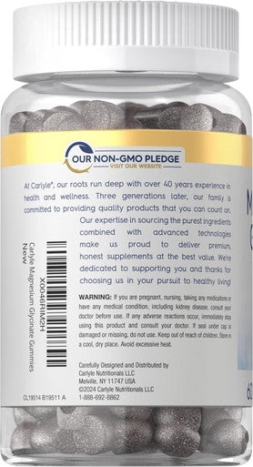 Carlyle Magnesium Glycinate Gummies | 60 Count | Grape Flavor | Vegan Non-GMO Gluten Supplement