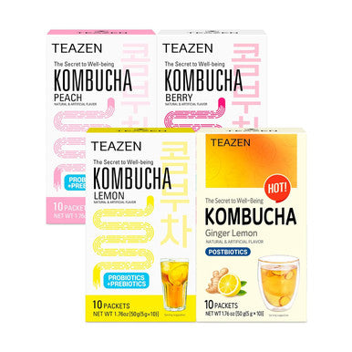 Teazen 4 Flavors 40 Sticks Variety Pack Kombucha Lemon Peach Berry (30 Sticks) and Hot Kombucha Ginger Lemon Flavor (10 Sticks)