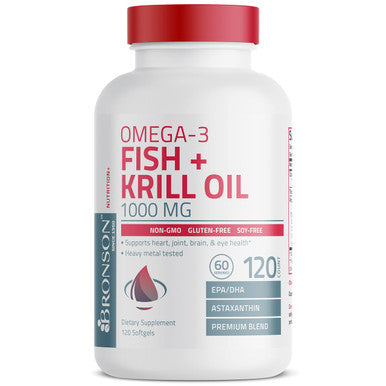 Bronson Omega-3 Fish + Krill Oil 1000 MG EPA Astaxanthin Premium Blend - Joint, Brain & Eye Health - Non GMO, Heavy Metal Tested, 120 Softgels
