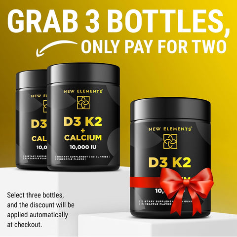 Elements Vitamin D3 K2 Gummies 10000 Iu With Calcium 100Mg - Vit D3 For Adults - Mk7 Vitamin K2 100Mcg - Vitamin D Supplement For Men & Women - Vegan Gluten Non-Gmo