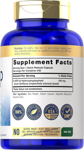 Carlyle 5HTP | 100mg | 240 Capsules | 5 Hydroxtryptophan | Non-GMO & Gluten Supplement