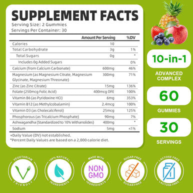 Calcium Magnesium Zinc Supplement With Vitamin D3, Sugar Calcium Gummies For Women Men, High Potency Magnesium Gummies For Bone & Muscle & Immune Health, Mixed Flavors - 60 Count