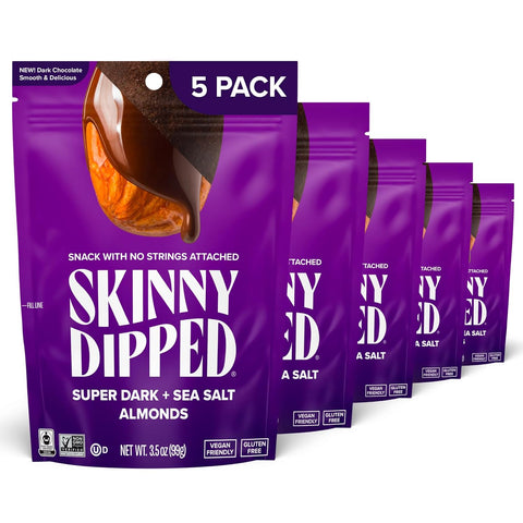 SkinnyDipped Dark Chocolate Cocoa Almonds, Healthy Snack, Plant Protein, Gluten Free, 3.5 oz Resealable Bags (Pack of 5)