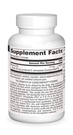 Source Naturals Coenzymated B-6 25mg P-5 Pyridoxal-5 Phosphate Fast-Acting, Quick Dissolve Sublingual Vitamin Supports Amino Acid Metabolism - 30 Lozenges