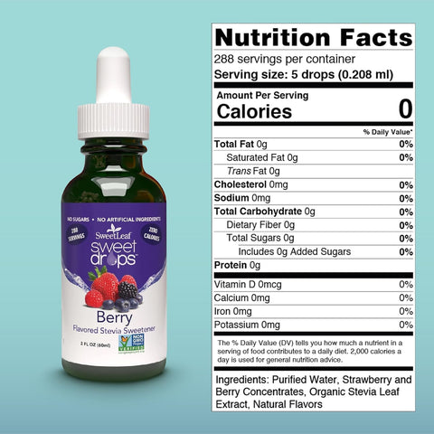 SweetLeaf Sweet Drops Flavored Stevia Liquid Sweetener Organic Stevia Extract Zero Calories Gluten Keto Friendly Non GMO Natural Flavors Sugar Alternative Berry 2 Fl Oz (Pack of 2)