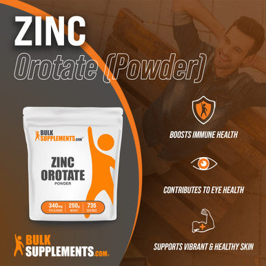 BulkSupplements Zinc Orotate Powder - Zinc Supplement for Immune & Skin Support - , Soy Free - 340mg (50mg of Zinc) (250 Grams - 8.8 oz)