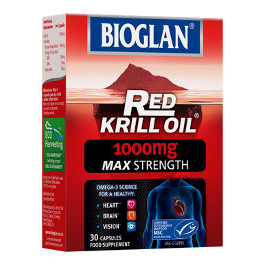 Bioglan Red Krill Oil Max Strength 1000 mg, high in Omega-3 Fish Oil, EPA & DHA help to support your Heart, Eye and Brain health, one month supply - 30 capsules