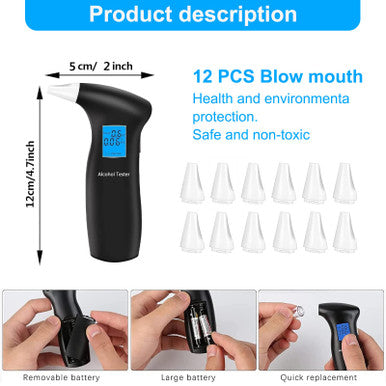 Haptique Breathalyzer With Lcd Digital Display Portable Tester For Alcohol Includes 12 Mouthpieces(Blue)