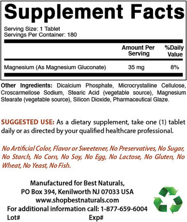 Best Naturals Magnesium Gluconate (35 mg Elemental Magnesium from 600mg of Magnesium Gluconate) 180 Tablets