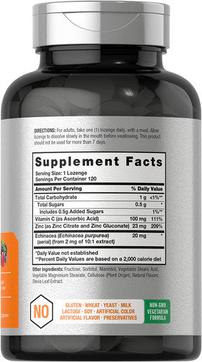 Zinc Lozenges | 120 Count | with Echinacea & Vitamin C | Vegetarian, Non-GMO, & Gluten Free Supplement | Natural Berry Flavor | by Horbaach
