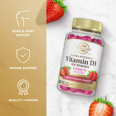 Solgar Vitamin D3 Gummies For Adults 5 000Iu Ultra Potency Vitamin Immune System Support For Women & Men - Tasty Strawberry Flavor Gluten & Gelatin Free Gummy 2 Month Supply 60 Servings 2G Sugar