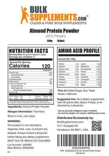 Bulksupplements Almond Protein Powder 30G Per Serving 250G (8.8 Oz)