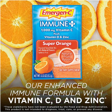 Emergen-C Immune+ Vitamin C 1000mg Powder, Plus Vitamin D And Zinc (30 Count, Super Orange Flavor, 1 Month Supply), Immune Support Dietary Supplement Fizzy Drink Mix, Antioxidants & Electrolytes
