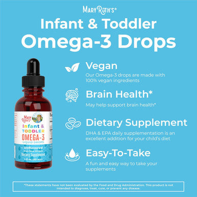 Maryruth Organics Infant and Toddler Omega-3 Liquid Drops by | 200mg DHA and 2mg EPA Per Serving | Overall Wellness and Healthy Development | Unflavored | 1 Fl Oz