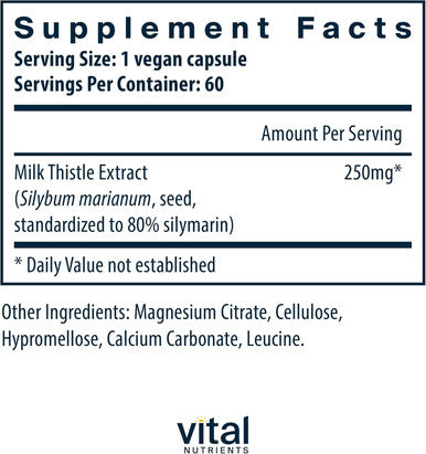 Vital Nutrients Milk Thistle Extract 250Mg Vegan Milk Thistle Supplement For Liver Function & Detox Antioxidant Support For Glutathione Production Gluten, Dairy, Soy Non-Gmo 60 Capsules