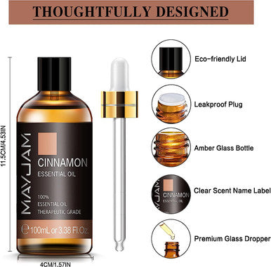 Cinnamon Essential Oil, MAYJAM 100ML Pure Essential Oils with Glass Dropper, 3.38FL.OZ Cinnamon Oil, Perfect for Diffuser, Aromatherapy, DIY, Relaxation