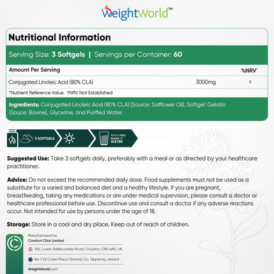 Weightworld CLA Supplement 3000mg - 180 High Strength Softgels - 80% Active Isomers Conjugated Linoleic Acid from Safflower Oil - Pre Workout Diet Supplement (Alternative of L-Carnitine) for Men & Women