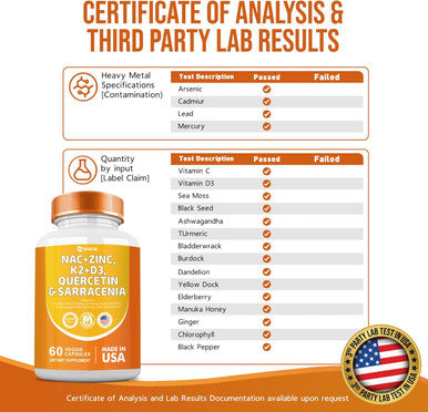Nac Supplement N-Acetyl Cysteine Nac 1000Mg Zinc Blend 50Mg K2 100Mcg Vitamin D3 5000 Iu N-Acetyl Cysteine 1000Mg Quercetin 1000Mg Sarracenia Purpurea 1000Mg L-Lysine Supplement, 60 Count