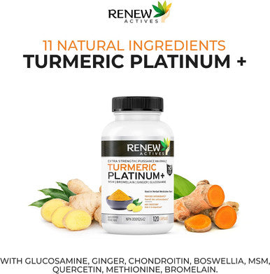 Renew Actives Turmeric Curcumin Supplement: Potent Turmeric Platinum + Supplement With 95% Curcuminoids, Ginger & Bioperine Black Pepper - 120 Capsules