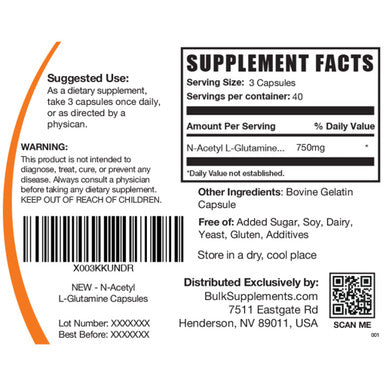 BulkSupplements N-Acetyl L-Glutamine Capsules - Glutamine Supplement - L-Glutamine Nutritional Supplements - L Glutamine Pills - 3 Glutamine Capsules s, 40-Day Supply (120 Capsules)