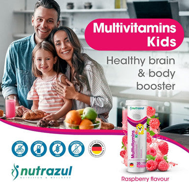 Nutrazul KIDS Multivitamin Effervescent Tablets - Raspberry 20s 20 Days Supply Gluten Free Sugar Free Lactose Free & Preservative Free