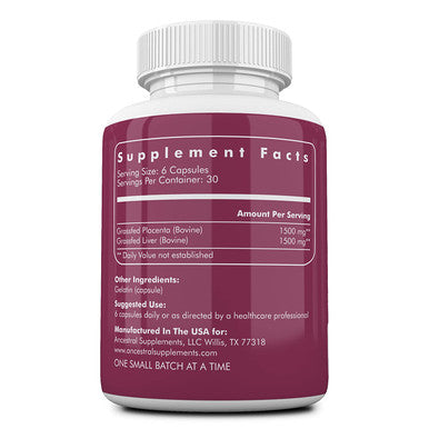 Ancestral Supplements Grass Fed Placenta (with Liver) After Birth, Nursing, Menopause & Dry Skin Support (180 Capsules)