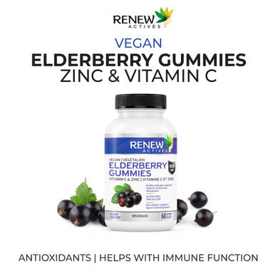 Renew Actives Vegan Elderberry Gummies With Vitamin C & Zinc - Antioxidants For Immune Function & Healthy Development Of Bones, Cartilage, Hair, Nails, And Skin - 60 Gummies