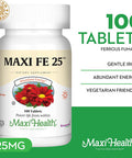 Maxi Health Iron Supplement for Women & Men - Gentle Iron 25 mg for the Stomach - Non Constipating Iron Pills - Kosher - Non GMO - Vegetarian (100 Tablets)