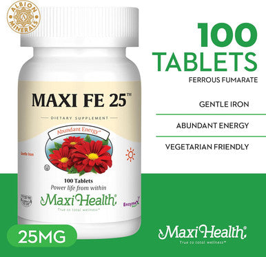 Maxi Health Iron Supplement for Women & Men - Gentle Iron 25 mg for the Stomach - Non Constipating Iron Pills - Kosher - Non GMO - Vegetarian (100 Tablets)