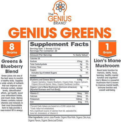 Genius Super Greens Powder Nootropic Supplement Organic Spirulina Powder w/ Lions Mane Kale and Antioxidants Amazing Green Superfood Juice Smoothie Mix For Energy Immunity Booster Vibrance