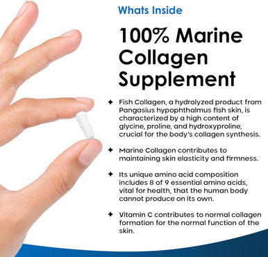 Pure Marine Collagen 100% Marine Collagen Type 1 Hydrolysed Collagen Peptides Enhanced With Hyaluronic Acid & Vitamin C -Essential Amino Acids - Collagen Supplements For Women And Men, 60 Capsules