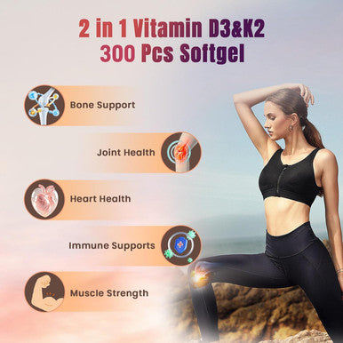 2-In-1 Vitamin D3 K2 Supplement Softgel, 10000 Iu Vit D3 + 200 Mcg Vitamin K2, 300 Pcs Vitamin D3 K2 Gels Riched Microingredients Vitamin D3 K2, Of Gmo, Gluten, Soy For Men Women